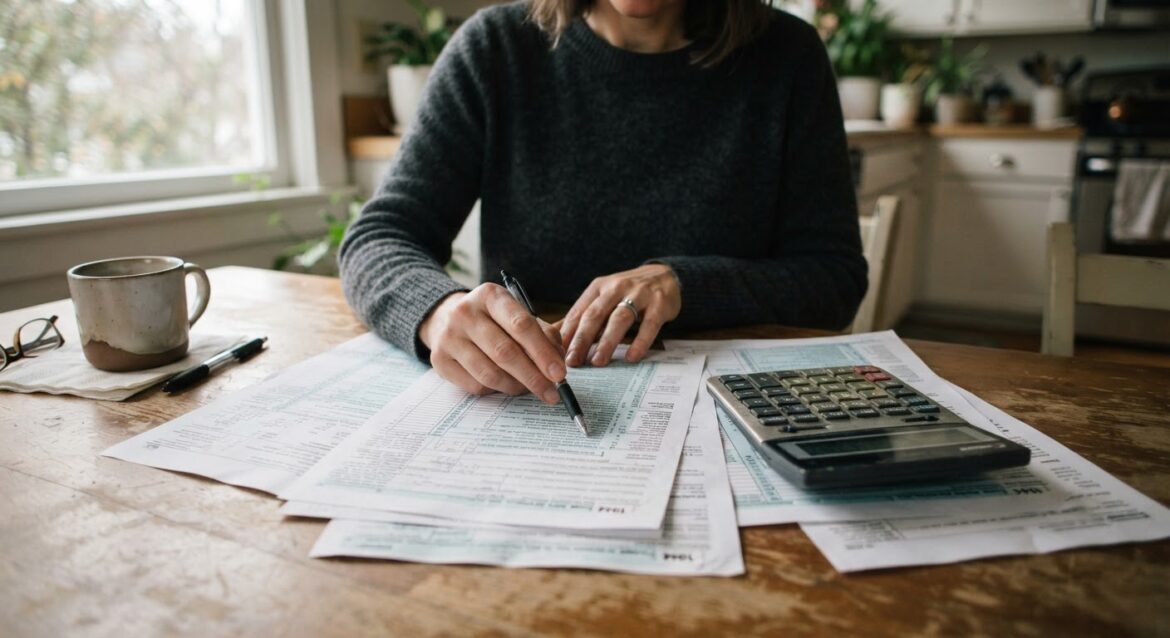 a tax return form and calculator on a kitchen table