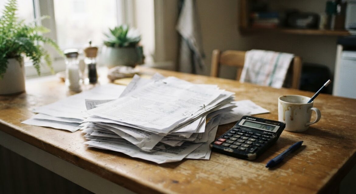a stack of tax forms and a calculator on a kitchen table