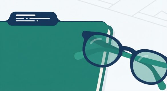 a medical file folder next to reading glasses on a desk
