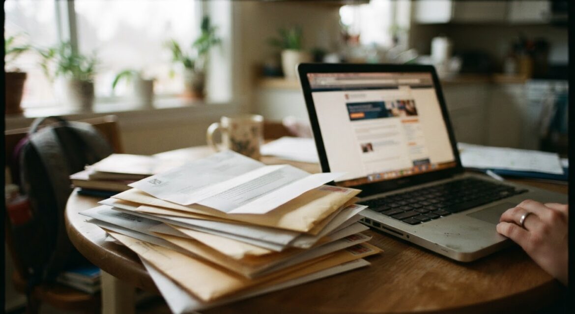 a stack of college acceptance letters and a laptop