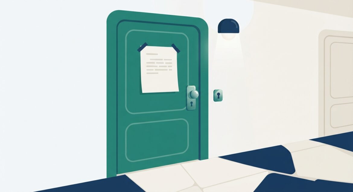 an overdue rent notice taped to an apartment door