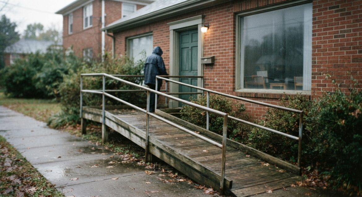 a wheelchair ramp leading up to a front door