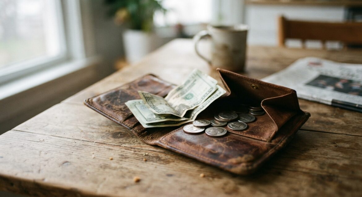 a worn wallet with a few bills and coins on a table