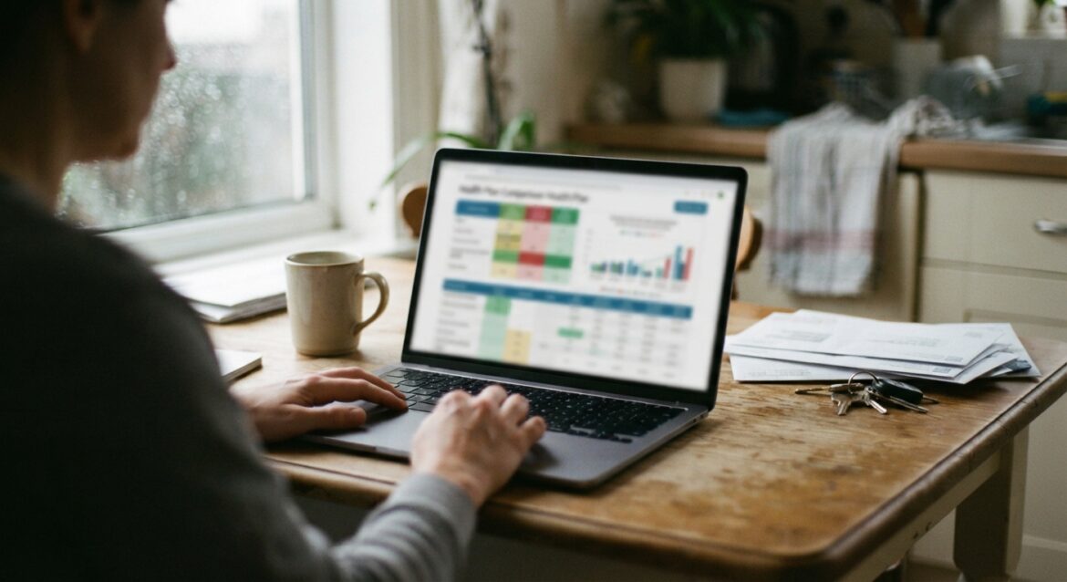a laptop screen showing a health plan comparison chart, blurred