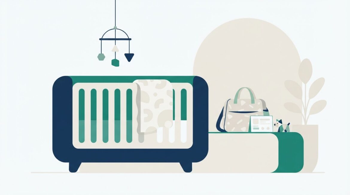 a baby's crib with a diaper bag and pediatric appointment card nearby