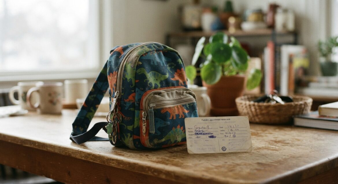 a child's backpack next to a pediatric appointment card
