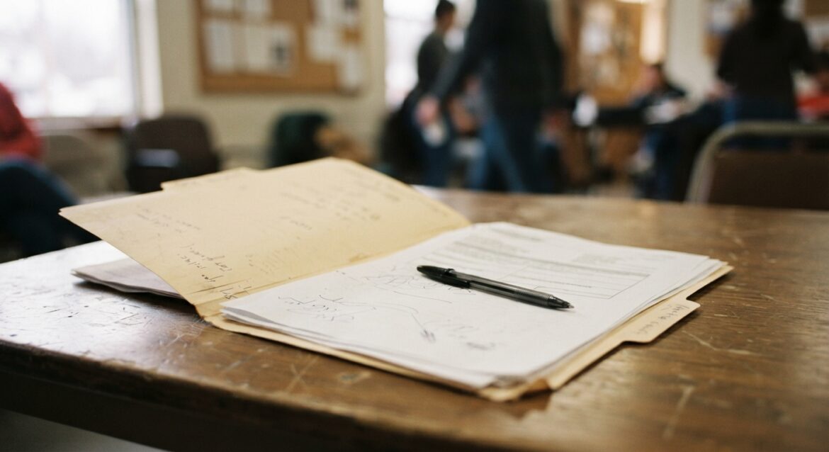 a manila folder with paperwork and a pen on a table