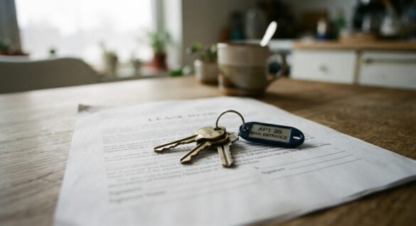 a set of apartment building keys resting on a lease document