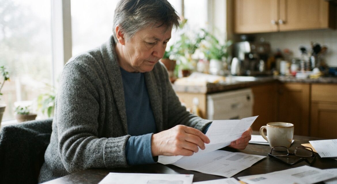 An older adult reviewing a Social Security benefits letter at a kitchen table