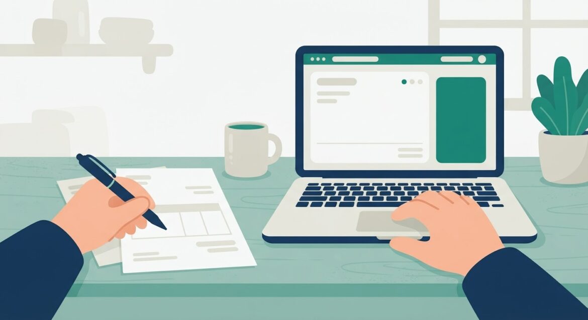 A freelance worker reviewing invoices and a laptop at a home desk