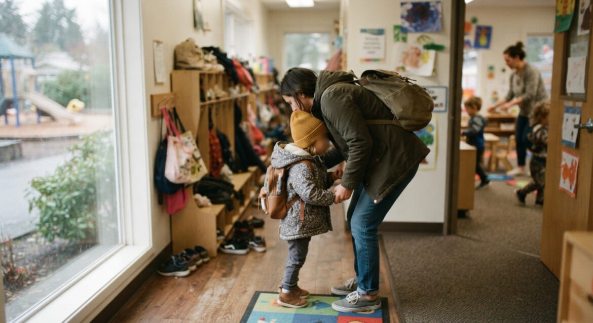 A parent dropping off a young child at a daycare center