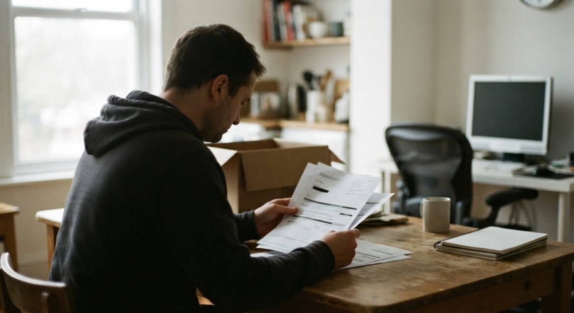 A person reviewing a health insurance continuation letter next to an empty desk, suggesting a recent job loss