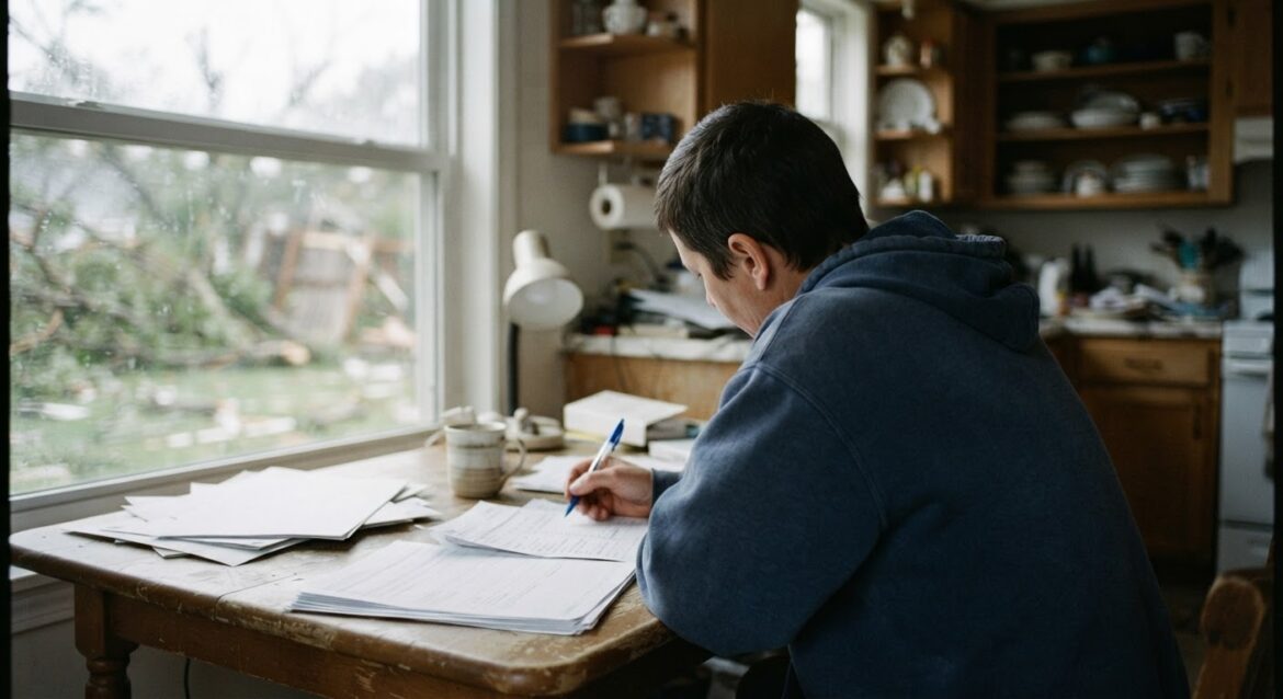 A person filling out paperwork at a kitchen table with storm damage visible through a window in the background