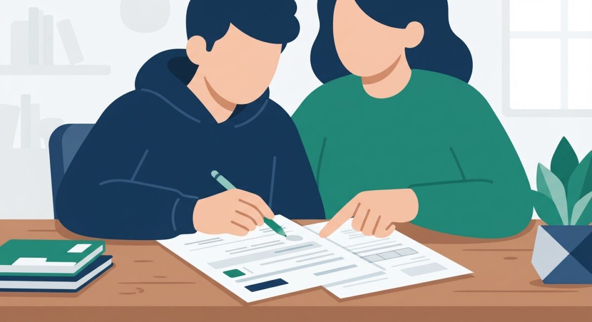 A student and parent reviewing a tuition statement and tax form together at a home desk