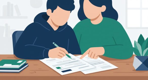 A student and parent reviewing a tuition statement and tax form together at a home desk