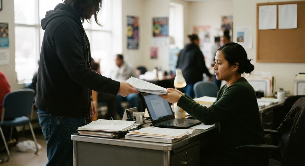 A tenant handing rental assistance paperwork to a caseworker at a community office