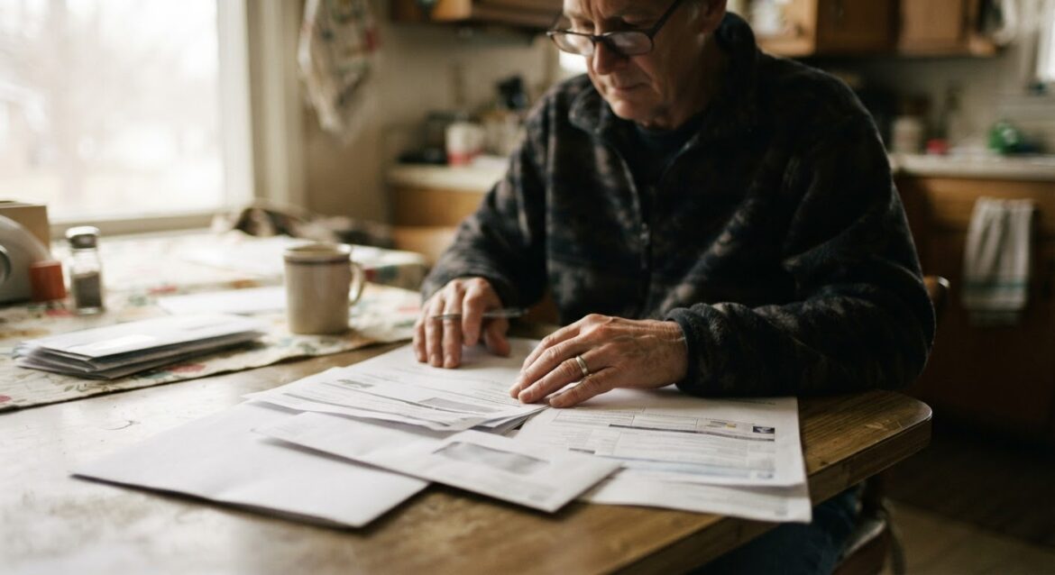 An older adult reviewing a prescription drug plan letter at a kitchen table