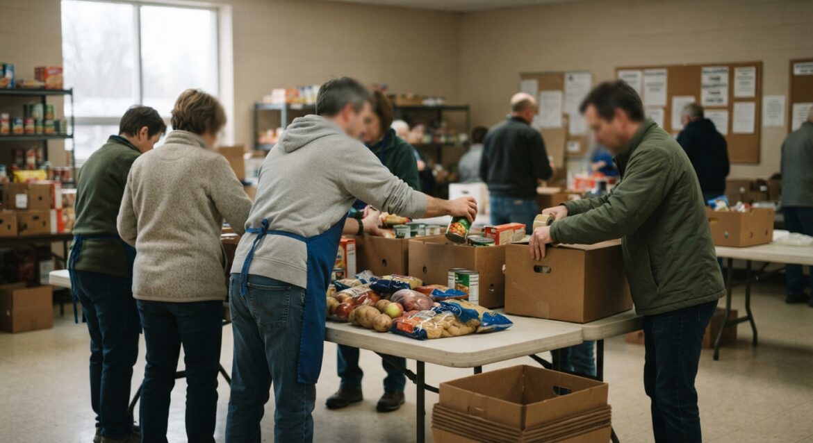 Volunteers packing boxes of groceries at a community food pantry distribution table