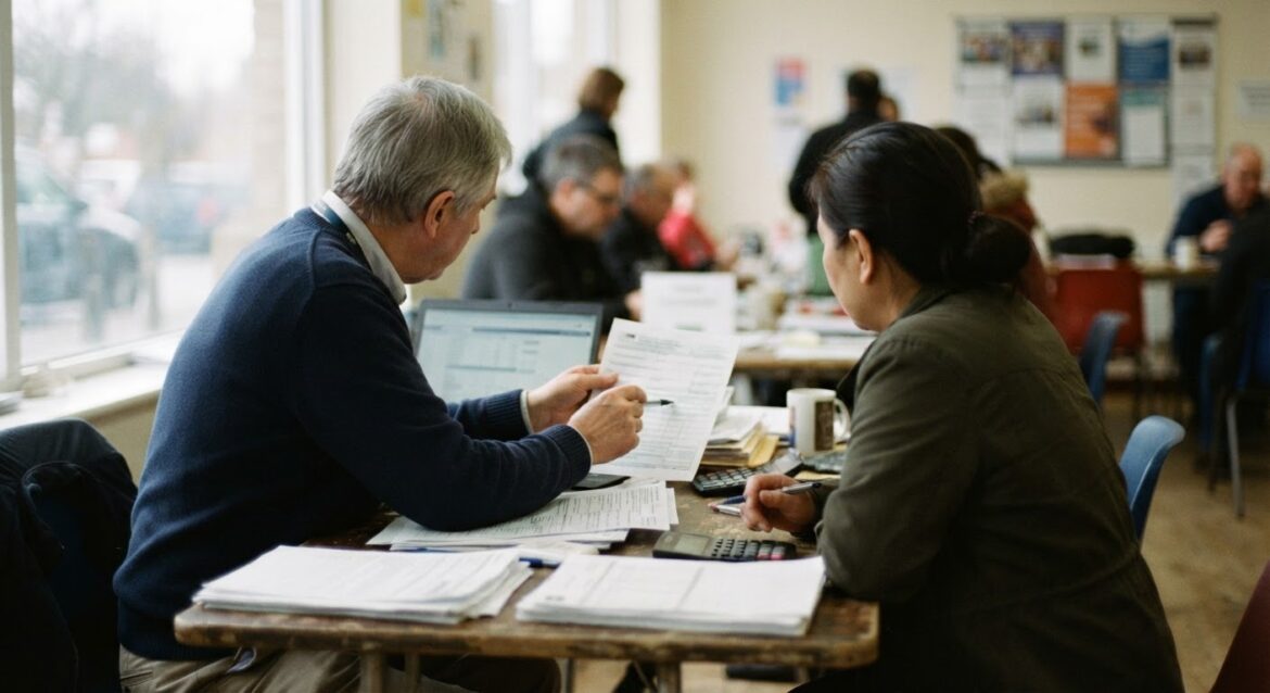 A volunteer tax preparer helping a client review documents at a community tax clinic