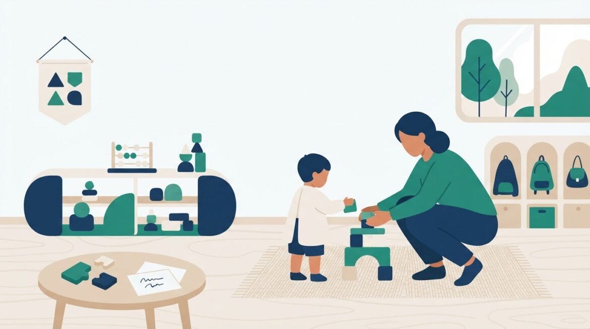 A preschool classroom with toys and a teacher helping a young child