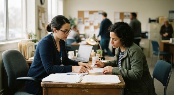 A housing counselor reviewing paperwork with a client at a desk