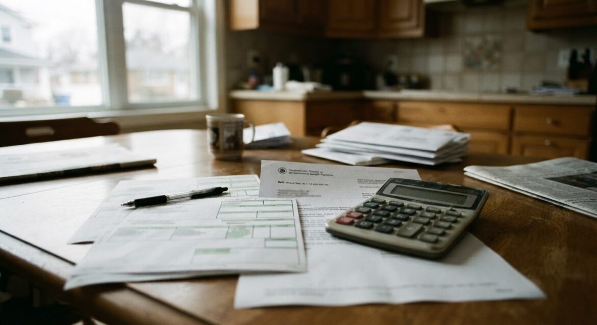 A calculator and pay stubs next to a state unemployment benefits notice letter