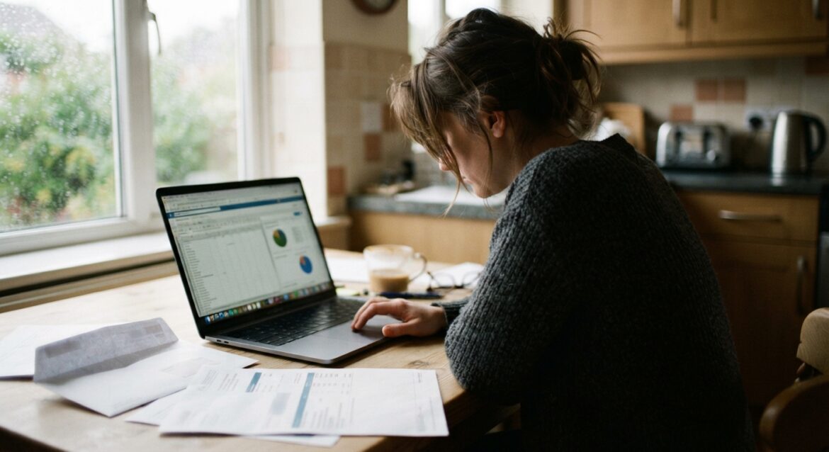 A person reviewing a student loan statement on a laptop at a kitchen table