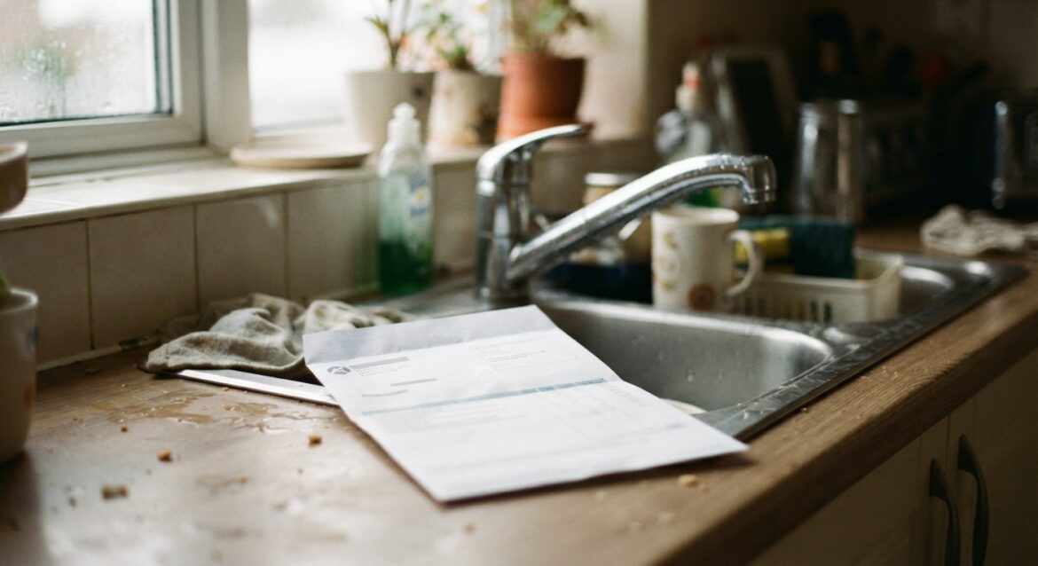 A household water bill statement next to a kitchen faucet