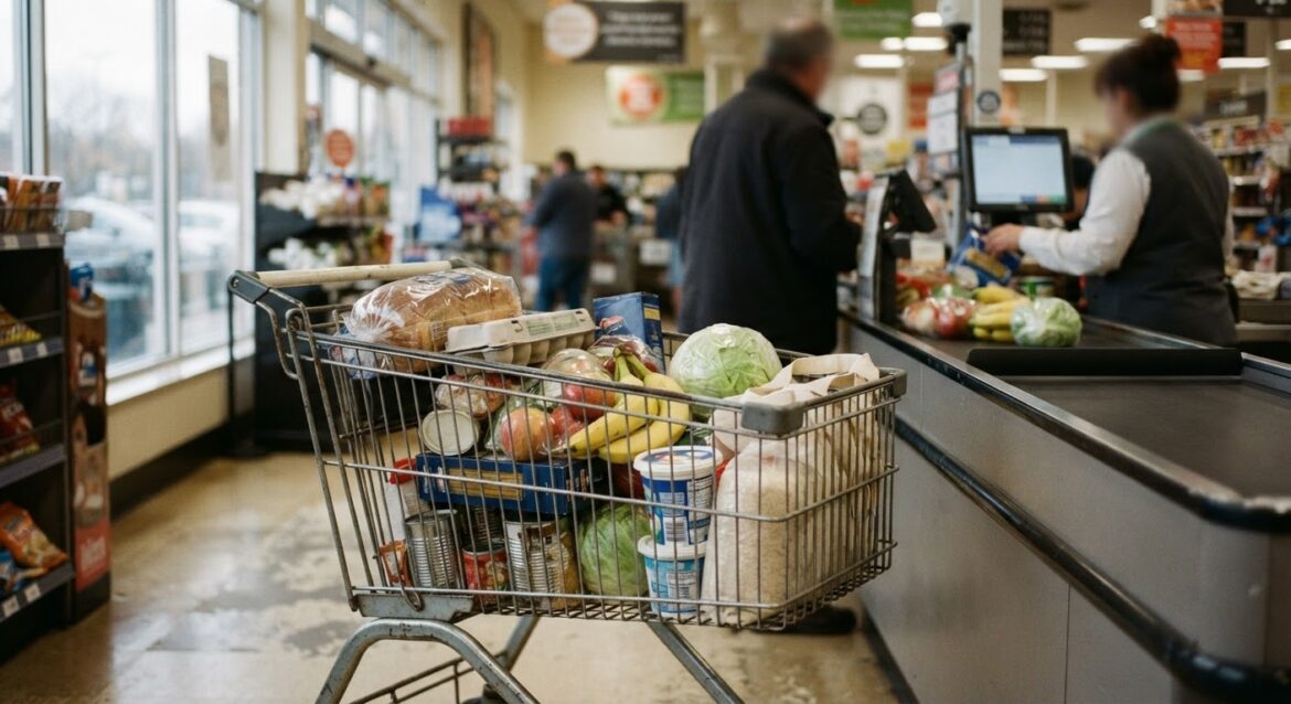 a grocery cart with basic pantry staples in a checkout lane