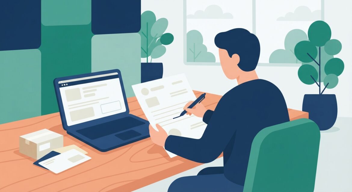 A person filling out a health coverage renewal form with a laptop and mail nearby