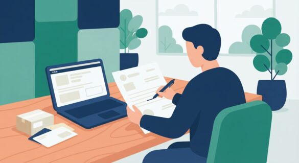 A person filling out a health coverage renewal form with a laptop and mail nearby
