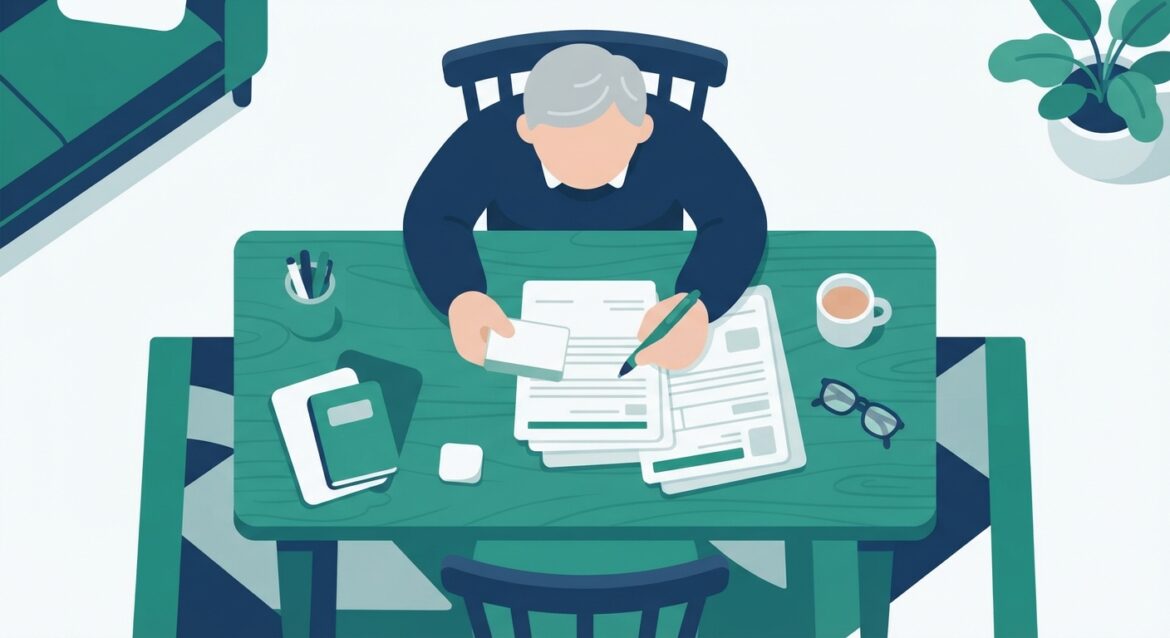 An older adult reviewing a Medicare card and paperwork at home