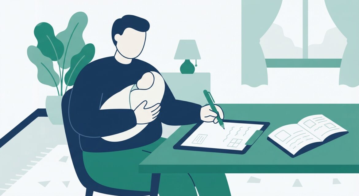 A parent holding an infant while filling out paperwork at home