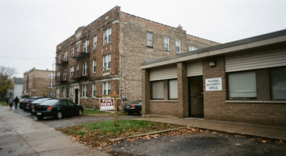 An apartment building exterior with a 'For Rent' sign next to a housing authority office building