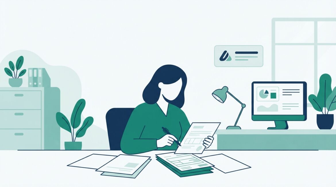 A nonprofit or government office worker reviewing student loan paperwork at a desk