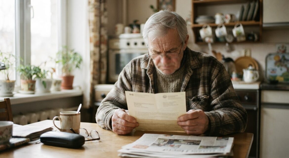 A concerned older adult reading an official government letter at home