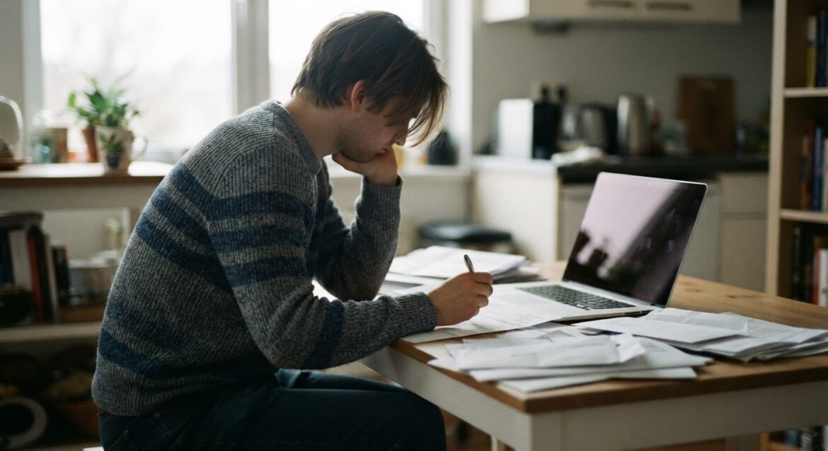 A young adult reviewing student loan statements at a desk with a laptop