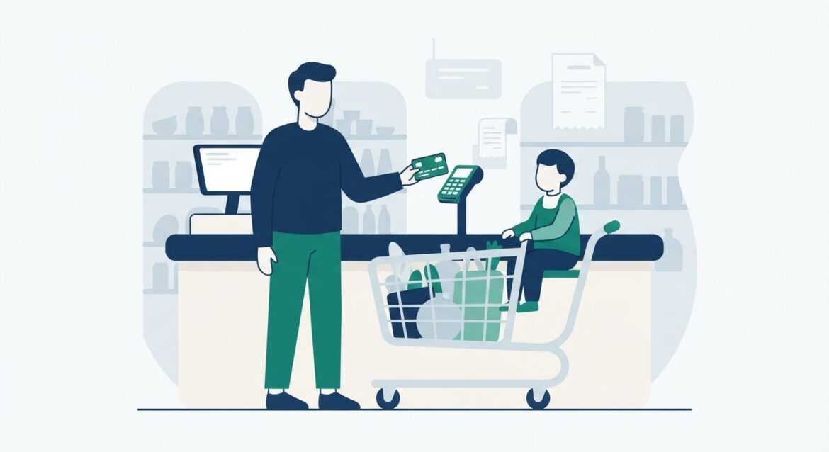 A parent and child grocery shopping with a debit-style benefits card