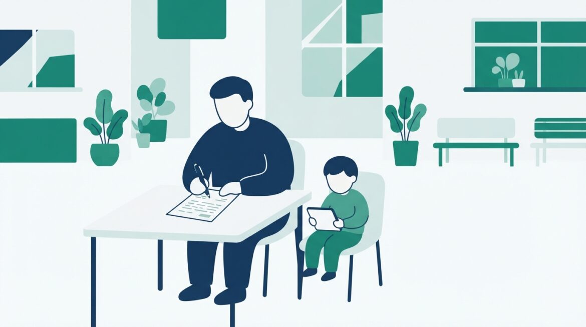 A parent filling out paperwork while a child sits nearby