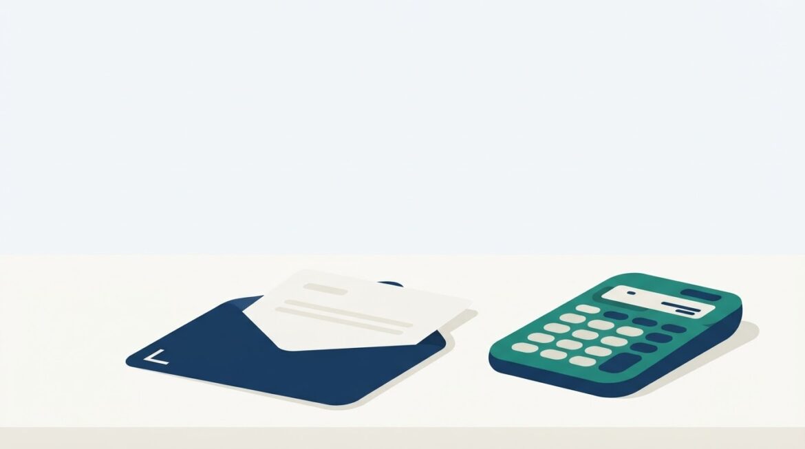 An IRS refund notice letter and envelope on a desk beside a calculator