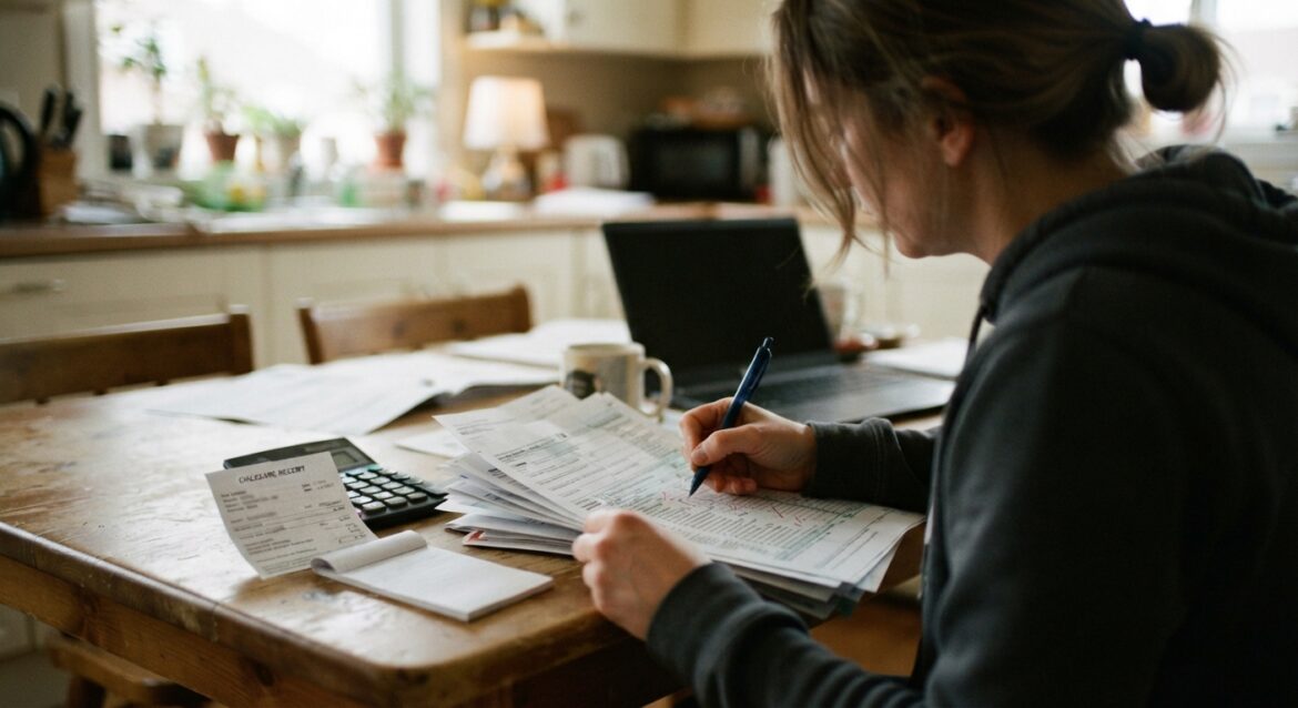 A parent filling out tax paperwork with a childcare receipt nearby