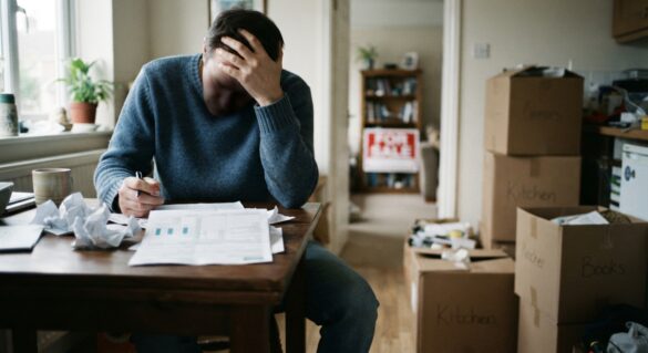 A worried homeowner reviewing a mortgage statement at home with moving boxes or a small house visible nearby