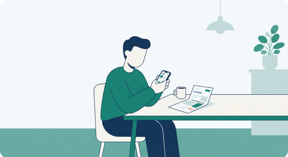 A person checking their phone and a utility bill at a kitchen table