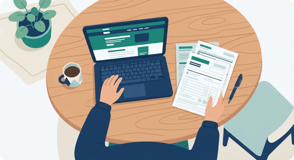 A person reviewing health coverage paperwork at a kitchen table with a laptop showing a Medicaid eligibility page