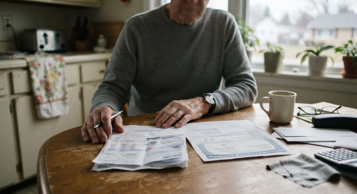 A person reviewing a paycheck stub next to a Social Security benefits letter at a kitchen table