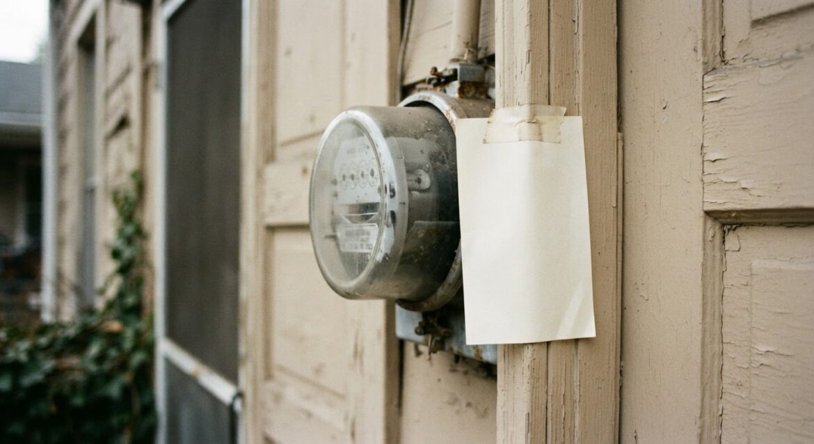 A close-up of a residential electric meter with a past-due utility shutoff notice attached to a front door