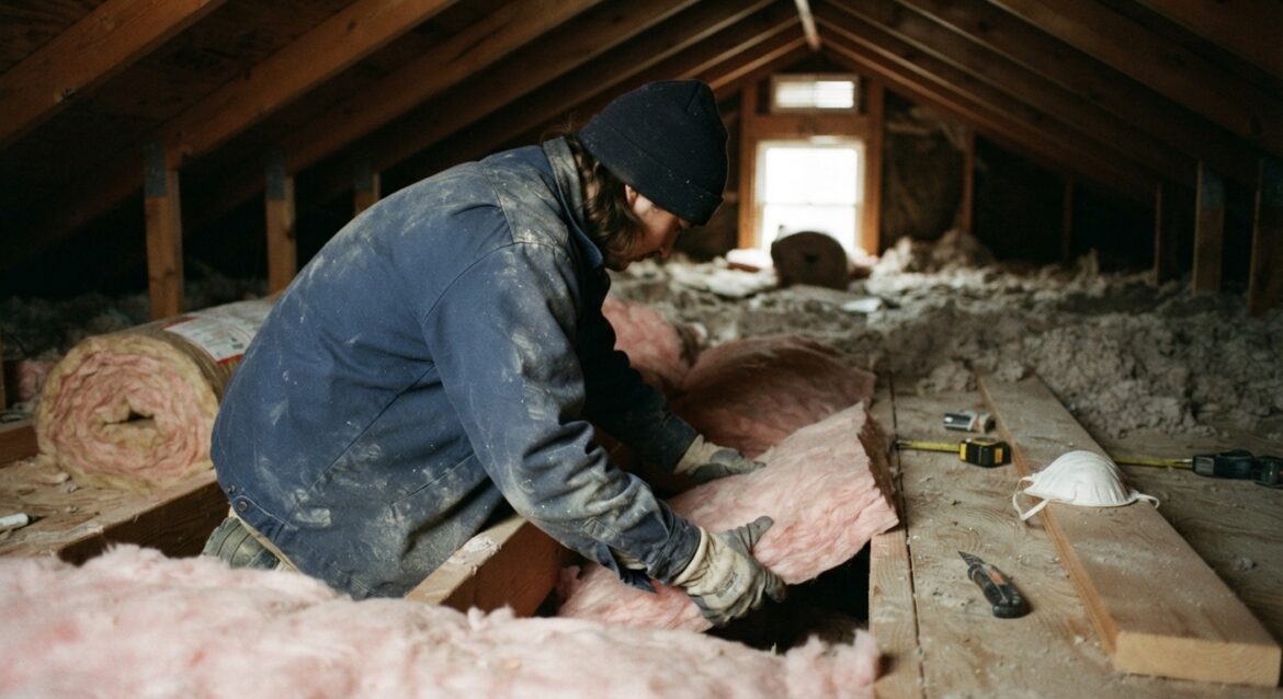 A technician installing insulation in a home attic
