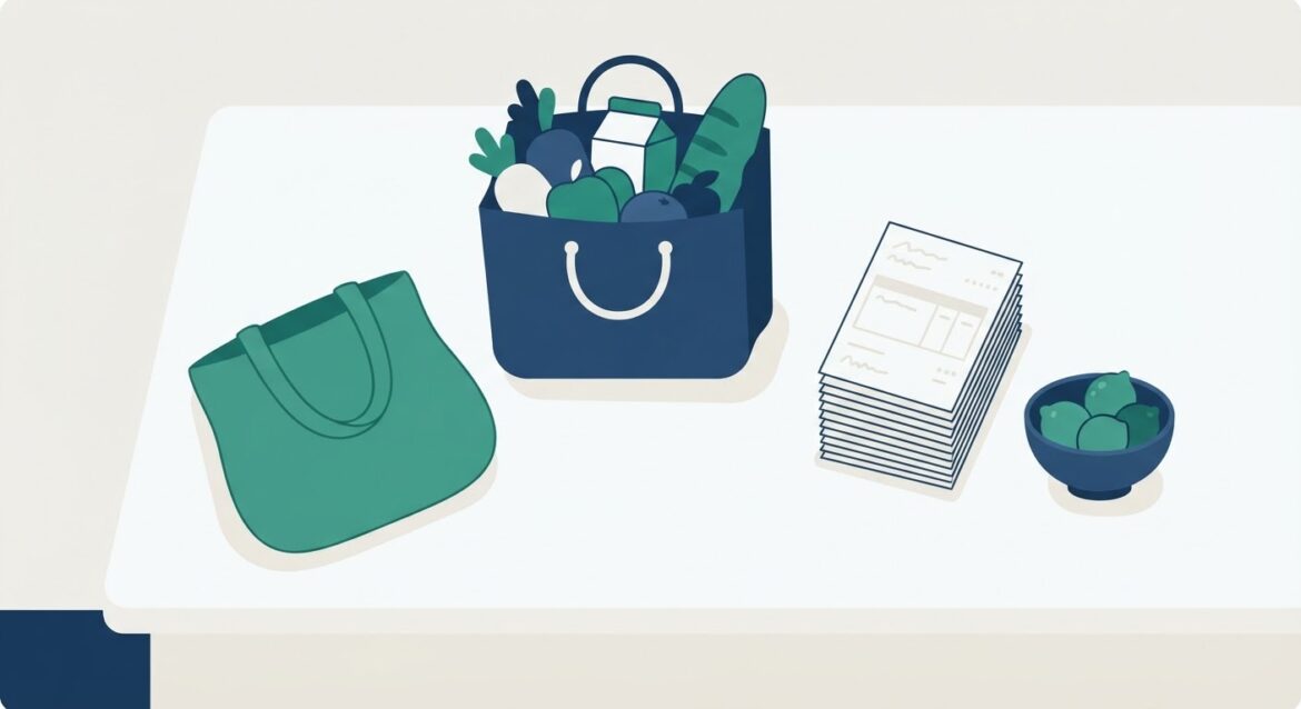 grocery bags on a kitchen counter next to a stack of pay stubs