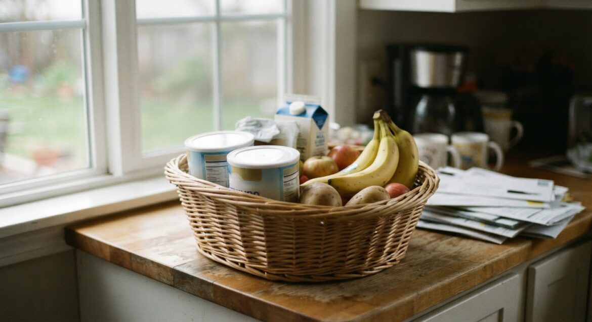 a basket of infant formula, milk, and fresh produce
