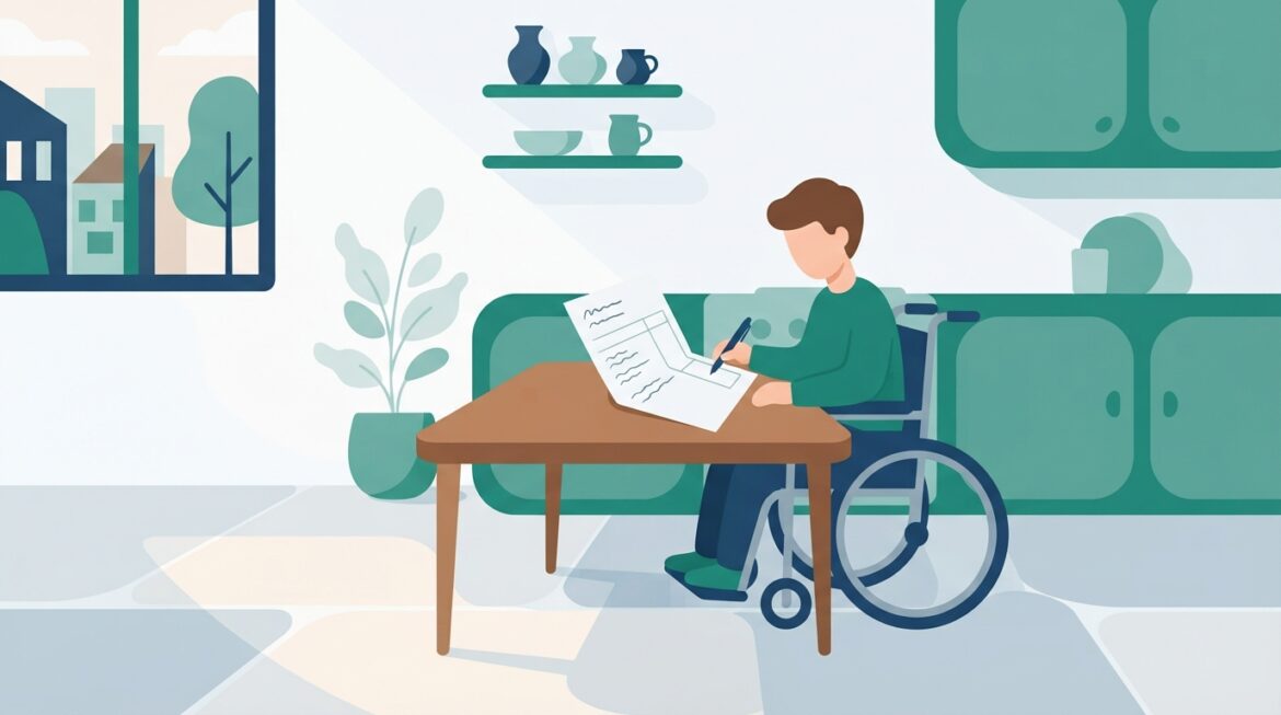 A young adult with a visible disability reviewing a savings account statement at a kitchen table